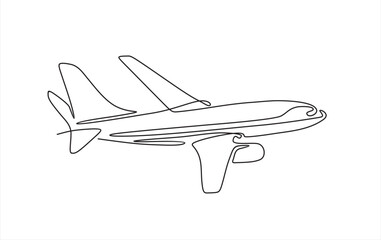 Airplane one line drawing on a white background. Airplane continuous single sketch. Minimalist contour design. Vector illustration line art style.