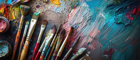 Obraz premium A vibrant tapestry of paint strokes and splatters alongside well-used brushes tells a story of artistic passion and creativity