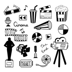 set of elements of cinema, movies, series. For festivals and holidays. Doodle style. Vector illustration