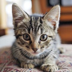 Naklejka premium Front view of curious tabby kitten. AI generated.