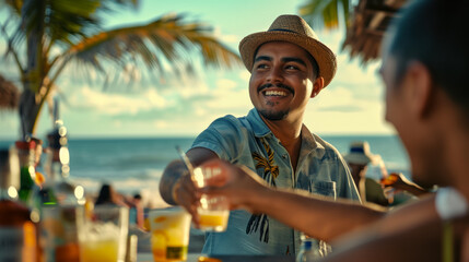 Fototapeta na wymiar Portrait of a man wearing a straw hat while meeting friends at a resort beach bar, advertising a popular vacation spot and cruise trip