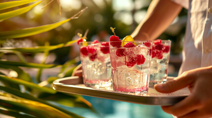 Waiter serving refreshing cold drinks with fresh fruits, selective focus, vacation and recuperation concept, vacation and travel on cruise ship, beach bar drinks advertisement
