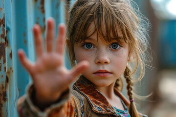Portrait of a serious and scared little girl standing with outstretched hand showing stop gesture, domestic violence concept. Stop violence and abuse. - obrazy, fototapety, plakaty