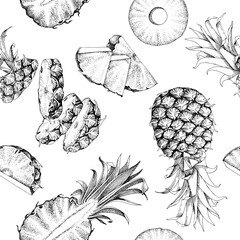 Seamless pattern with pineapple fruits and pices