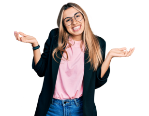 Hispanic young woman wearing business jacket and glasses smiling showing both hands open palms, presenting and advertising comparison and balance