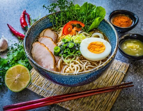 Tasty Japanese ramen soup bowl with pork, egg, and vegetables