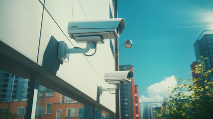 Urban Surveillance Security Camera mounted on a building wall overlooking a sunny city street with blooming flowers