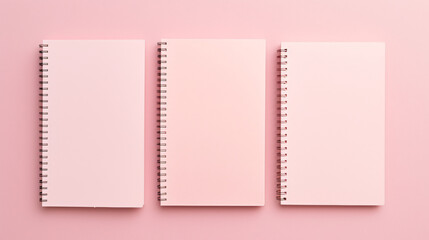 Different notebooks on light pink background top view - obrazy, fototapety, plakaty