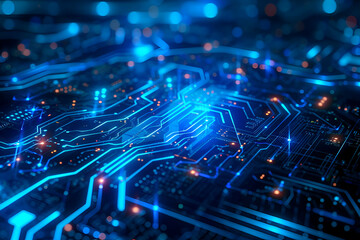 Obraz premium A futuristic technology background featuring a complex network of digital circuits and glowing neon lines, symbolizing advanced AI systems. High-tech, blue vibrant, and dynamic. 