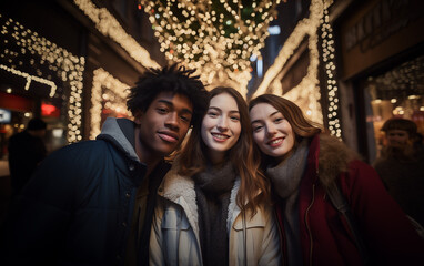 Fototapeta premium Three young peolple of different nationaliry on christmas street