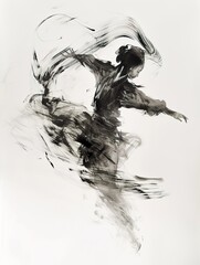 art photo of a dancer. japanese ink painting monochrome 
