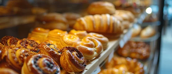 Foto op Plexiglas An enticing display of freshly baked pastries glimmers under the warm light of a bakery, inviting a delightful indulgence © Ai Studio