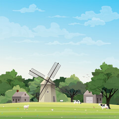 Old farm windmill and livestock in grass field have blue sky background have blank space. Countryside life concept vector illustration.