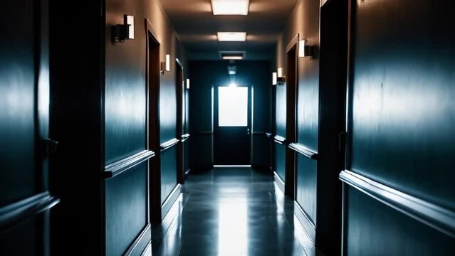 Darky abandoned hospital corridor. Scary dark cinematic corridor seamless loop. AI generated