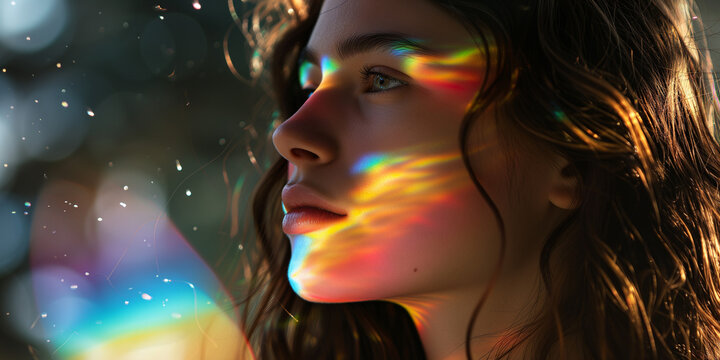 Young woman with rainbow light on face, dreamy expression, bokeh background, whimsical atmosphere - Powered by Adobe