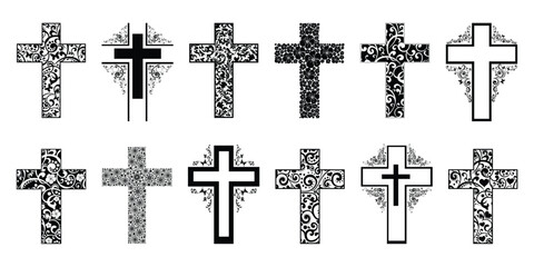 Religion cross icon set isolated on white background.  Big Collection of Christian Symbol design. Decorated crosses signs or ornamented crosses symbols. Vector illustration - obrazy, fototapety, plakaty