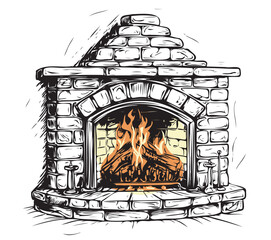 Fire in the fireplace line art color sketch engraving vector illustration. Scratch board imitation. Black and white hand drawn image.