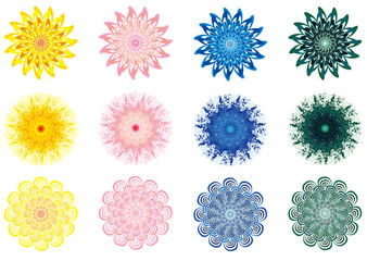 3 types of flowers heraldic style decorative design illustration. Ver.2 (Yellow,pink,blue,green vector color set)