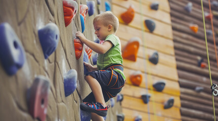Fototapeta na wymiar athletic boy in sportswear climbs a climbing wall with belay, sports ground, training, climber, rock relief, healthy lifestyle, active recreation, hobby, energetic person, muscles, height, agility