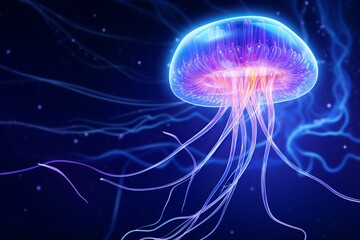 Fantasy pink jellyfish. Abstract with detail on blue gradient background. Neon art. Copy space