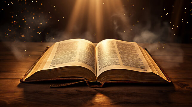Ancient holy book under majestic lights