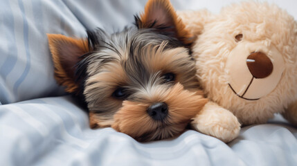 Yorkshire terrier puppy cuddles