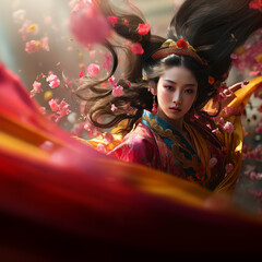 Fototapeta premium Portrait of an Asian beautiful girl with luxurious hair in an expensive kimono, with flowers and fabrics swirling in the wind.