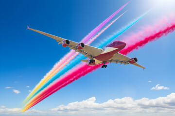 Airplane in the blue sky with colorful smoke trail. Concept of travel - obrazy, fototapety, plakaty