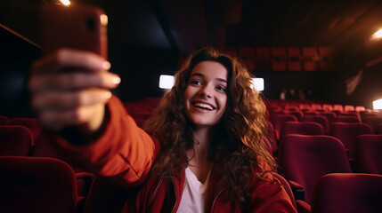 Young pretty woman is with smartphone indoors in the cinema theater - obrazy, fototapety, plakaty