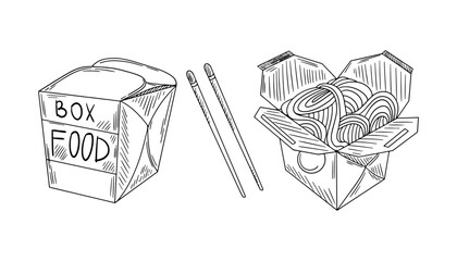 Asian box, wok and chopsticks with noodles. vector illustration