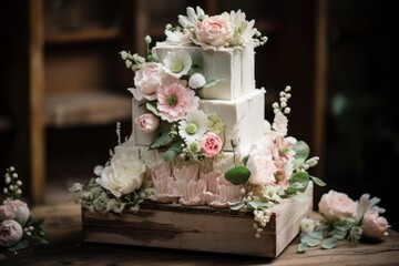 Wedding cake decorated with flowers and berries on a wooden background