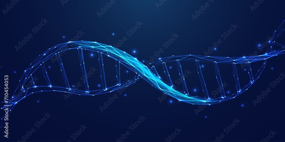 Poster Abstract science or medicine background with DNA stand on it. Close-up double helix in light blue. Biotechnology, biology, and science concepts. Futuristic tech low poly wireframe vector illustration.