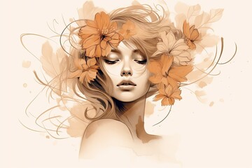 Elegant Illustration of a female abstract portrait with flowers