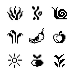 Set of 8-bit pixel graphics icons. Game art.