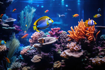 Naklejka na ściany i meble Tropical fish swimming in the water. Beautiful underwater world with corals and tropical fish.