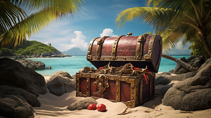 Pirate treasure chest on a deserted island - obrazy, fototapety, plakaty