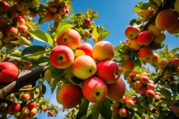 Ripe apples on a branch in the orchard on a sunny day