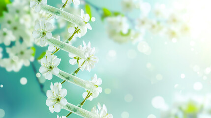 Fototapeta na wymiar Spring background. DNA molecule with blooming white flowers and green leaves on blurred tender blue background. Concept of springtime, rebirth, beauty and health. Copy space
