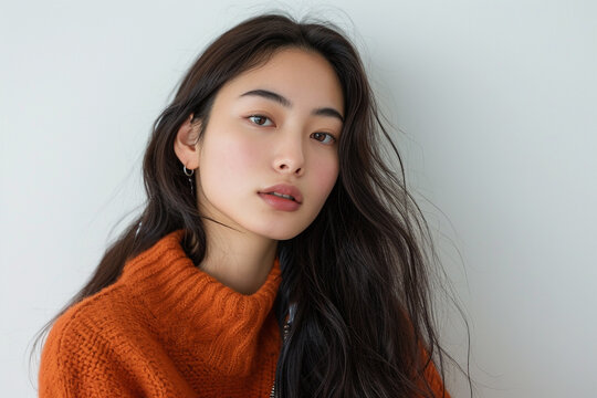 portrait of a asian young woman in orange sweater