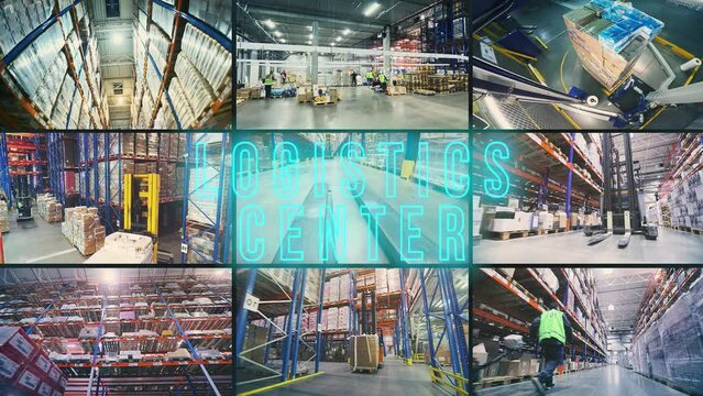 Logistics center. Logistics center inscription. Logistics center infographics. Logistics center opener.