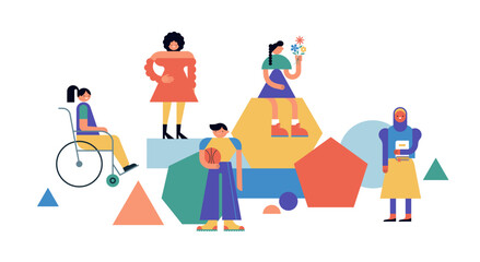 Fototapeta premium Group of diverse young people standing together. Characters illustrations in geometric modern colorful design