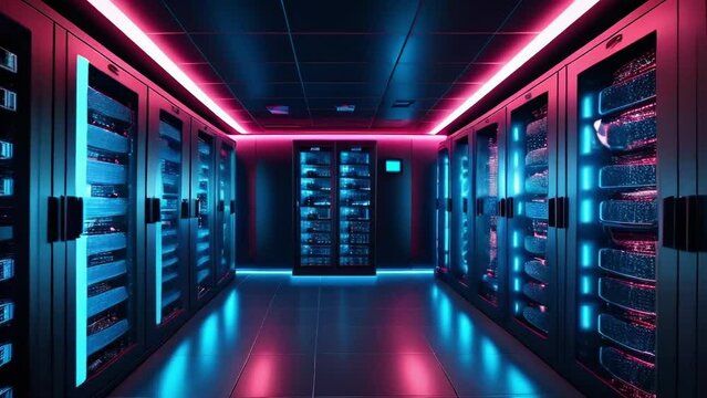 Modern server room background. Network Technology and cloud computing background. AI generated loop.