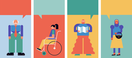 Naklejka premium People with speech bubbles, community, family or neighborhood standing together. Characters in geometric fun modern style. Colorful concept design.