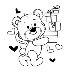 Cute teddy bear in love with gift boxes. Vector cartoon illustration. Valentine's day card. Coloring book for children