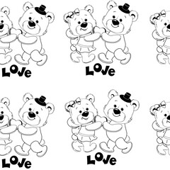 Two teddy bears in love hold a heart seamless, pattern. Vector cartoon illustration. Valentine's day card. Coloring book for children