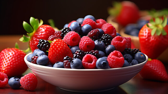 A Colorful Bowl Of Mixed Berries, Including Strawberries, Blueberries, And Raspberries, Highlighting The Freshness And Deliciousness Of Summer Fruits, Captured In Realistic HD Detail