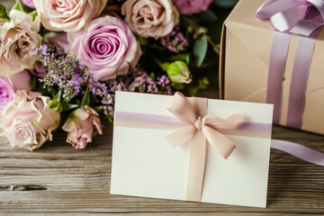 Gift Box with Bow and Blank Card on Textured Wood.
A gift box with a delicate bow next to a blank greeting card, presented on a wooden textured surface.