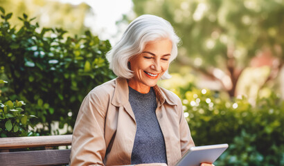 A silver-haired woman with a warm smile sitting on a park bench, effortlessly navigating a tablet with her fingertips. Modern elder using new technology.