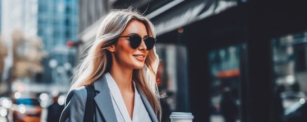 Young businesswoman having coffee on the go. Enjoying her morning coffee while rushing through the streets.