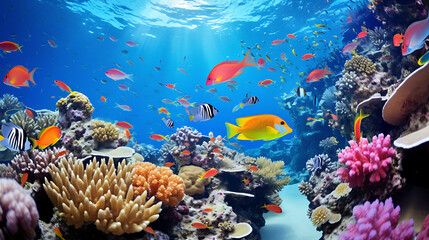 Fototapeta na wymiar a colorful coral reef teeming with marine life, showcasing the vibrant hues of tropical fish and the delicate dance of underwater creatures
